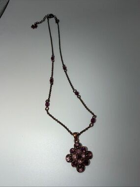 V&R Pink Purple Rhinestone Pendant Necklace Antiqued Copper Tone